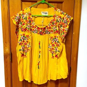 Savannah Jane Bright Yellow Top with Embroidered Flowers
